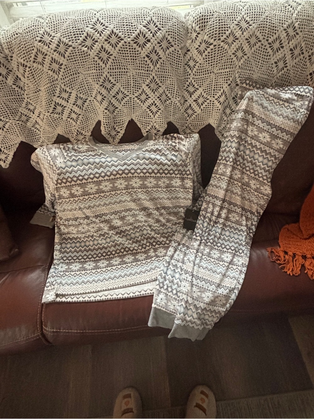 Cuddl Duds Fair Isle Knit Pajama Set in Gray and White